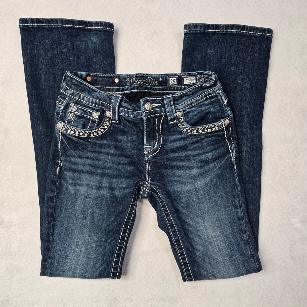 Miss Me Mid Rise Bootcut Jeans Dark Wash Rhinestone Embellished MP7232BV Size 25